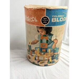 Vintage Playskool No 645 Wooden Colored Blocks 1969 Original Can 74 Pieces